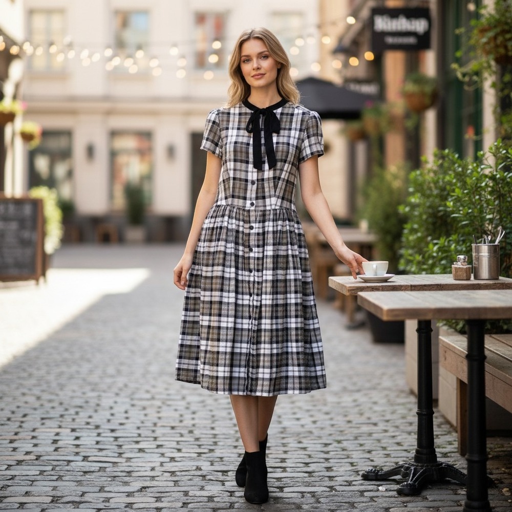 Unique Vintage Plaid Fit & Flare Dress Black White Tan Bow XS 2 Cotton Retro